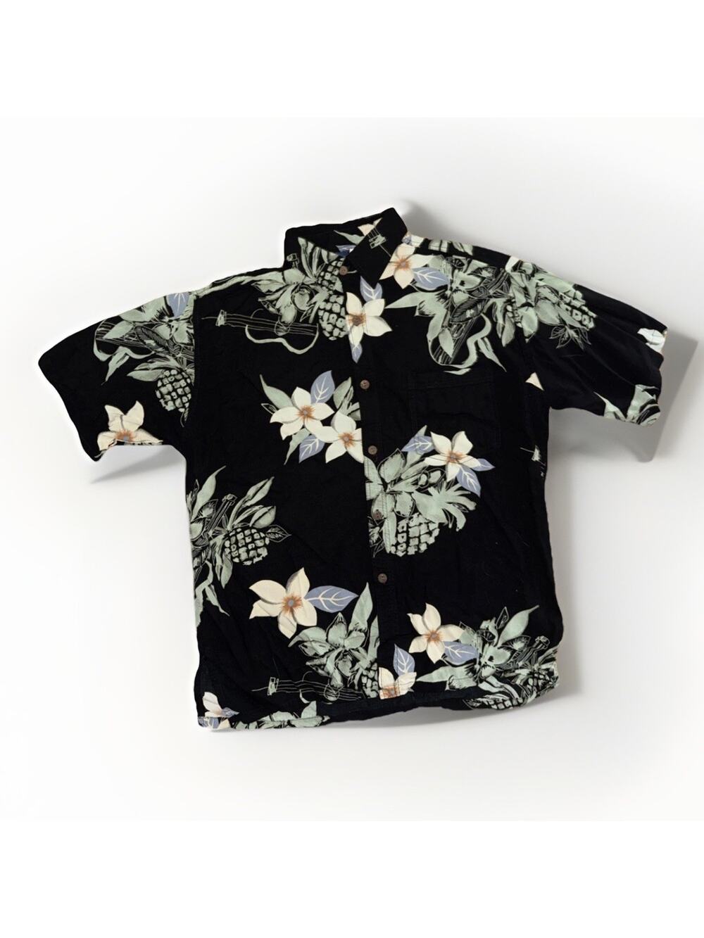 Hibiscus Hawaiian Shirt Black Large 100% Rayon Aloha Shirt Travel USA
